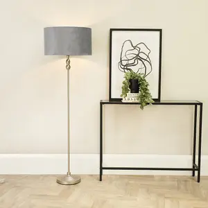 ValueLights Maggie Brushed Chrome Candlestick Floor Lamp with Grey Velvet Lamp Shade and LED Bulb