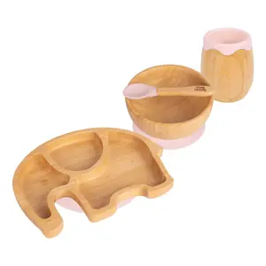 Tiny Dining 4pc Elephant Bamboo Suction Baby Feeding Set - Pastel Pink