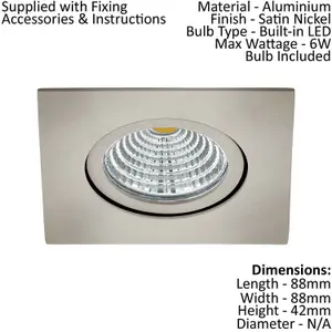 Wall / Ceiling Recess Square Downlight Satin Nickel Spotlight 6W Built in LED