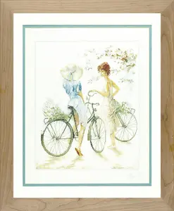 GIRLS ON BICYCLE - Counted Cross Stitch Kit: Girls on Bicycle (Linen) - Lanarte