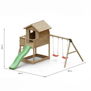 Galaxy play equipment with double swings, slide and raised playhouse