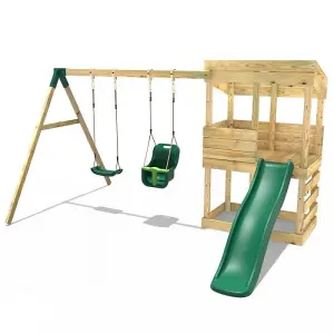 Rebo Wooden Lookout Tower Playhouse with 6ft Slide & Swings - Redwood