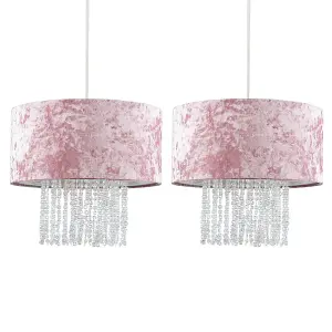 ValueLights Boland Pair of Boland Pink Velvet Cylinder Ceiling Pendant Light Shades with Clear Acrylic Droplets