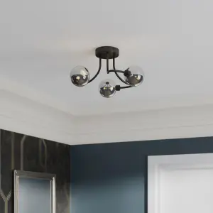 GoodHome Matt Glass & metal Black 3 Lamp LED Ceiling light