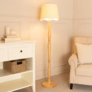 ValueLights Victoria Light Wood Floor Lamp with Linen Scallop White Trim Tapered Shade & Bulb