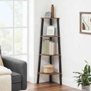 VASAGLE Corner Shelf Bookcase, 4 Tier Ladder Shelf, Storage Unit, Plant Holder, Industrial Style, Rustic Brown and Black