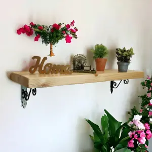 Solid Wood Handmade Rustical Shelf Primed 145mm 6 inch with Black Metal Bracket WOZ Length of 220cm