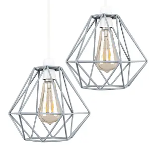 ValueLights Diablo Pair of Retro Style Grey Metal Basket Cage Ceiling Pendant Light Shades