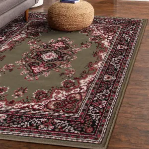 Green Traditional Floral Bordered Rug Easy to clean Dining Room-120cm (Circle)