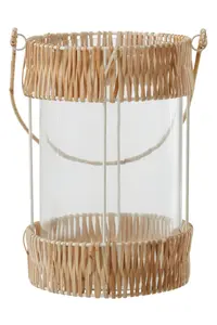 Interiors by Premier Natural Rattan Large Lantern, Rustic and Stylish Glass Lantern, White Metal and Clear Glass Candle Lantern