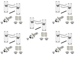 5 Set of Victorian Scroll Latch Door Handles Polished Chrome with Pair of 3" Ball Bearing Hinges & Latches Pack Sets 120 x 40mm