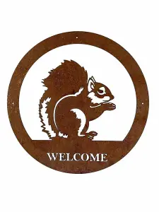 Squirrel Welcome Wall Art - Large - Steel - W49.5 x H49.5 cm - Bare Metal/Ready to Rust