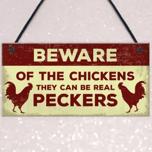 Red Ocean Beware Of The Chickens Sign For Gate Chicken Coop Hen House Funny Chicken Gift