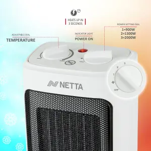 NETTA 2000W Ceramic Fan Heater 3 Heat Settings Overheat Protection - White