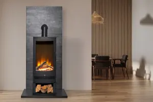 Acantha Horizon Electric Stove with Log Storage & Angled Stove Pipe in Black