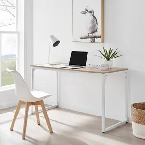 Furniturebox UK Kendrick Oak Effect Desk 140cm for Home Working Study Gaming Office Desk. Elegant White Leg Melamine Desk