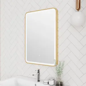 Rectangular LED Illuminated Touch Sensor Framed Mirror with Demister, 700mm x 500mm - Brushed Brass