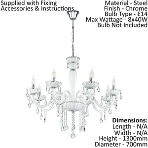 Chandelier Pendant Ceiling Light Colour Chrome Shade White Glass Droplets Bulb E14 8x40W