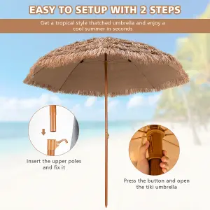 Costway 205cm Thatched Tiki Patio Umbrella Hawaiian Hula Beach Umbrella W/ 8 Ribs