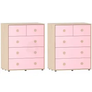 Junior Vida Neptune Pink & Oak 5 Drawer Chest Of Drawers Cabinet, Set of 2