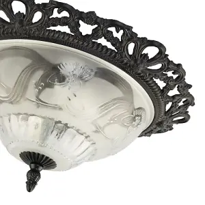 Traditional and Classic Matt Black and Frosted Floral Glass Flush Ceiling Light