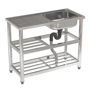 One Compartment Commercial Freestanding Stainless Steel Kitchen Sink with Drainboard and Shelf