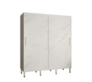 Bergen Contemporary 2 Sliding Door Wardrobe Gold Handles Marble Effect 9 Shelves 2 Rails White (H)2080mm (W)1800mm (D)620mm