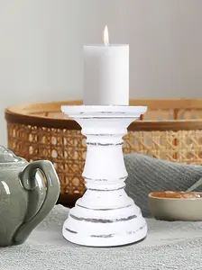 SET OF 2 Rustic Antique Carved Wooden Pillar Church Candle Holder, White Light,Small 13cm