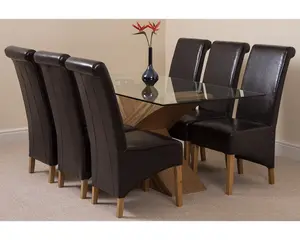 Valencia 160 cm x 90 cm Glass Dining Table and 6 Chairs Dining Set with Montana Brown Leather Chairs