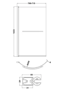 1700mm P Bathtub, Front Panel with Screen with Rail - Chrome Profile