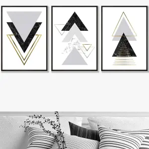 Set of 3 Black Grey Geometric Triangle Set Wall Art Prints / 50x70cm / Black Frame