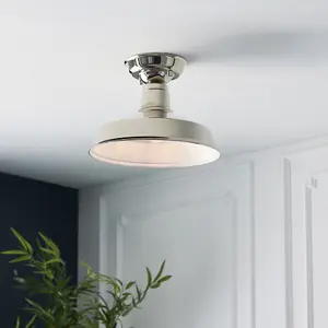 Semi Flush Ceiling Light Fitting - Bright Nickel Plate - Gloss White Inner Shade