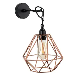 ValueLights Huber Industrial Satin Black Wall Ceiling Light Fitting with Copper Metal Cage Shade