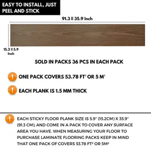 Self Adhesive Floor Planks - 36 Planks Per Pack Covering 53.8 ft² (5 m²) - Peel And Stick Vinyl Flooring in Brown Wood Effect