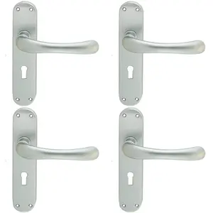 4 PACK - Rounded Smooth Latch & Lock Door Handle - Satin Chrome Lever on Backplate