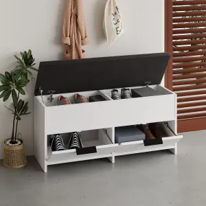 Decortie Modern Cove Shoe Storage with Fabric Bench 2-Tier Cabinet Hallway Entryway Storage White 106x34x50cm