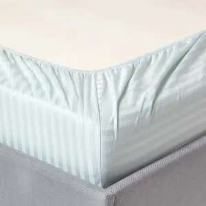 Homescapes Blue Egyptian Cotton Satin Stripe Fitted Sheet 330 TC, Small Double