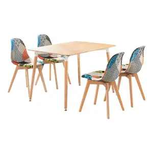 Patchwork Halo Dining Set Includes an Oak Dining Table & Set of 4 Multicolour Fabric Chairs