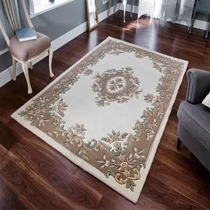 Handmade Bordered Floral Easy to Clean Cream Beige Traditional Wool Rug for Living Room & Bedroom-160cm X 235cm