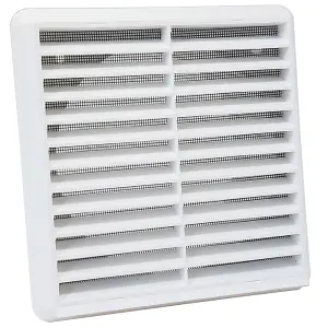 Kair White Louvred Wall Vent Grille 183mm External Dimension with Flyscreen and Round 150mm - 6 inch Rear Spigot