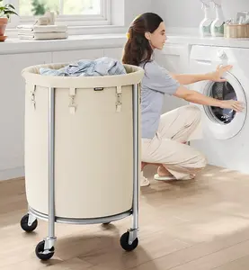 SONGMICS Laundry Basket on Wheels, Laundry Trolley, Round Laundry Hamper with Steel Frame and Removable Bag, Cream and Silver