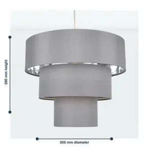 First Choice Lighting Easy Fit Staggered 3 Tier Grey Faux Silk Slub Fabric Shade with Chrome Board Inner