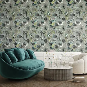 Galerie Pepper Felice Grey Shimmer Flocked Wild Flower Wallpaper