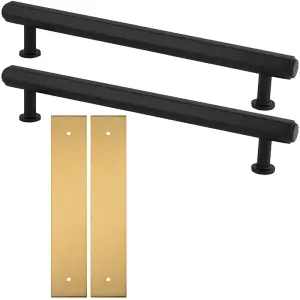 2 PACK - Pull Handle & Contrasting Backplate Set - Industrial Hex T Bar - Matt Black & Satin Brass