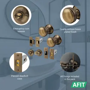 AFIT Lined Door Knob Set Antique Brass - 1 Pair of Mortice Knobs (55mm), Latch & Deadbolt Kit (76mm) & Turn & Release for Internal