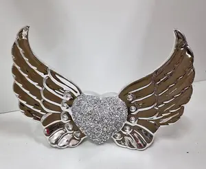 Chrome Angels Wings With Crushed Diamond Heart Crystal Art Decorative