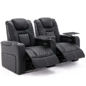 Broadway 2 Seater Electric Recliner Cinema Sofa USB Charging Led Base With Tray (Black w White Stitching)