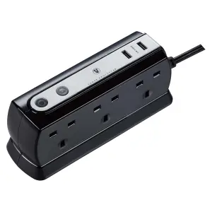 Masterplug Surge Black 6 socket Extension lead with USB, 2m