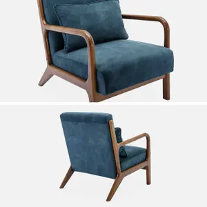 sweeek. Scandi-style armchair in velvet and light walnut-stained hevea wood Lorens velvet Petrol Blue 65x80x79 cm