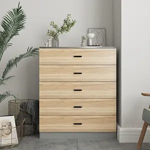 URBNLIVING Height 90.5cm 5 Drawer Wooden Bedroom Chest Cabinet Grey Carcass and Oak Drawers Modern Wide Storage Cupboard Closet